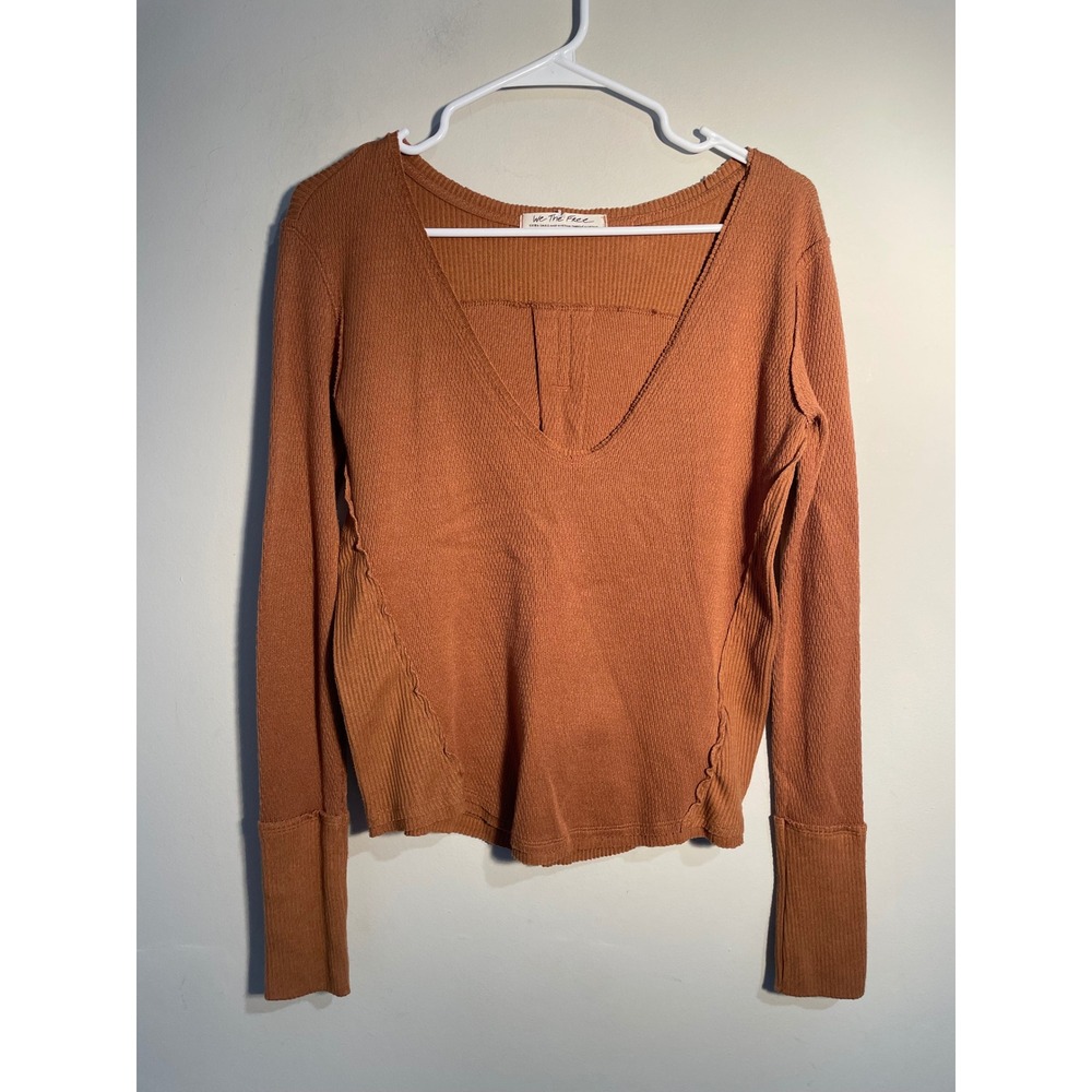 We The Free Brown Thermal Knit Scoop Neck Long Sleeve Top Size XS Neutral Layer